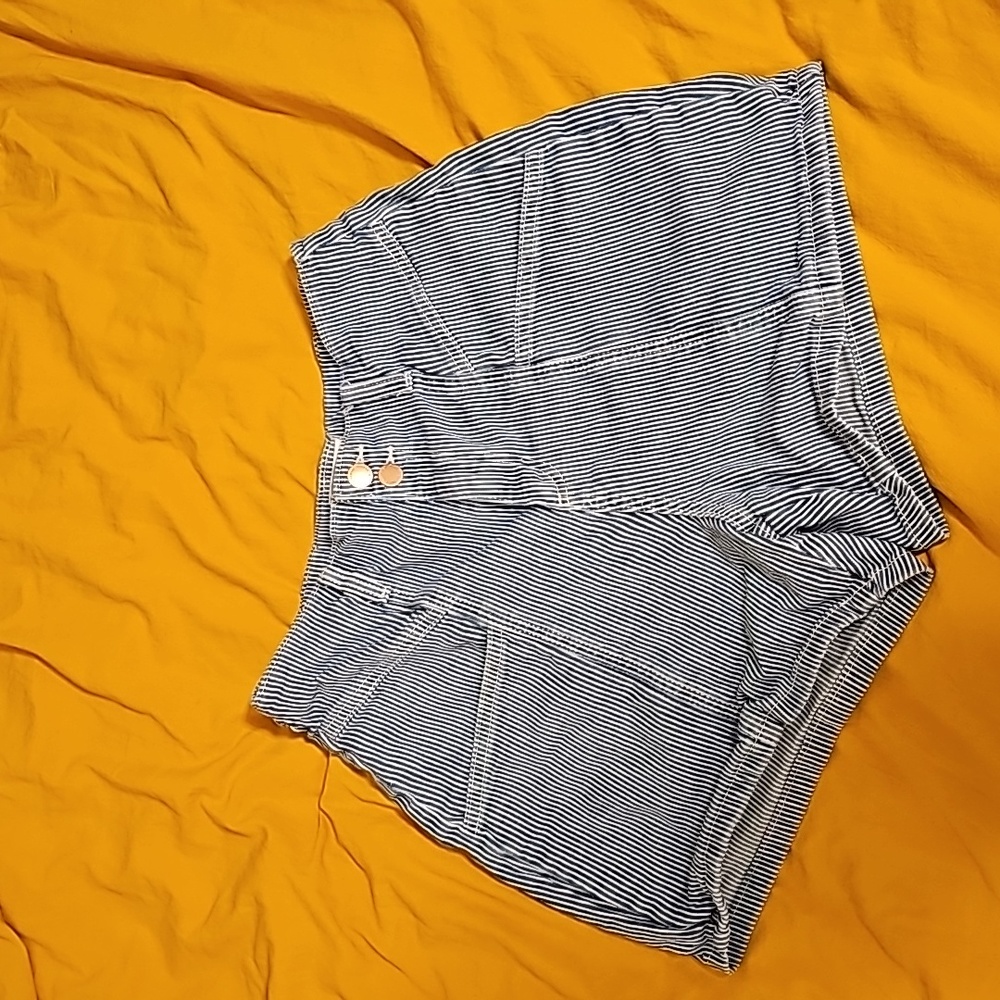Blue and white pinstripe high waisted shorts (Size 6/28)